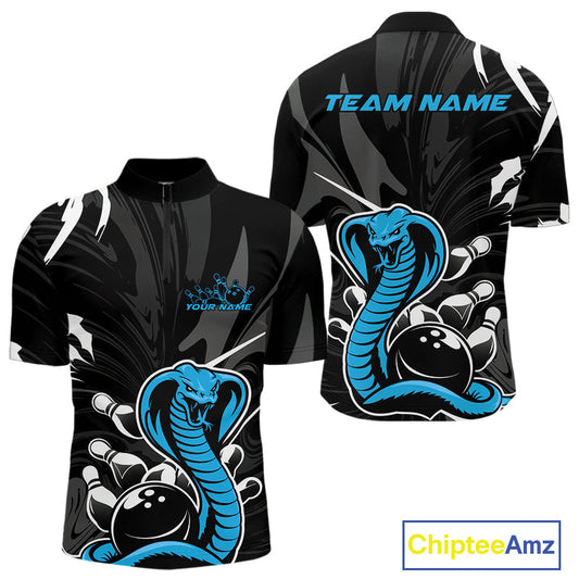 Custom Blue Cobra Snake Bowling Team Jerseys, Bowling Quarter-Zip Shirts For Men IPHW9710