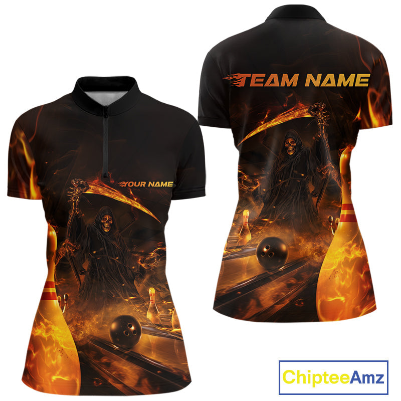Custom Fire Flame Grim Reaper Bowling Women Quarter-Zip Shirts, Halloween Bowlers Outfit IPHW9711