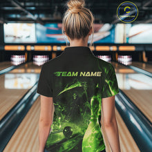 Load image into Gallery viewer, Custom Green Fire Flame Grim Reaper Bowling Women Polo Shirts, Halloween Bowlers Outfit IPHW9712