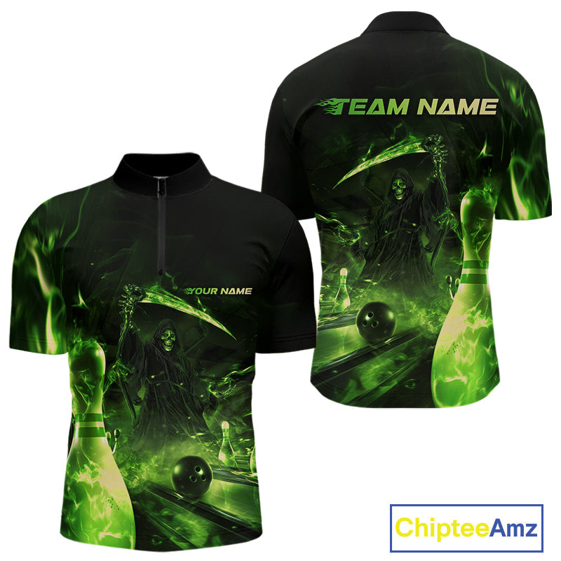 Custom Green Fire Flame Grim Reaper Bowling Quarter-Zip Shirts For Men, Halloween Bowlers Outfit IPHW9712