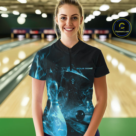Custom Blue Fire Flame Grim Reaper Bowling Women Quarter-Zip Shirts, Halloween Outfit IPHW9713