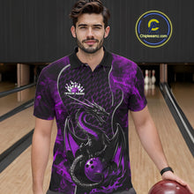 Load image into Gallery viewer, Custom Black And Purple Fire Flame Dragon Bowling Men Polo Shirt, Dragon Bowling Jersey IPHW9865