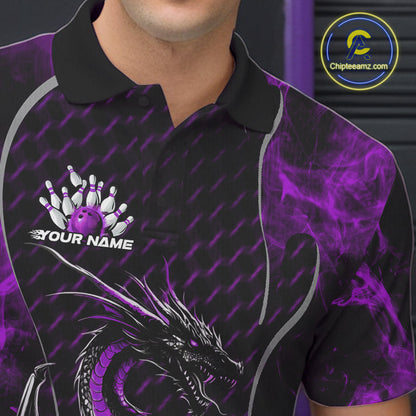 Custom Black And Purple Fire Flame Dragon Bowling Men Polo Shirt, Dragon Bowling Jersey IPHW9865