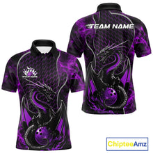 Load image into Gallery viewer, Custom Black And Purple Fire Flame Dragon Bowling Men Polo Shirt, Dragon Bowling Jersey IPHW9865