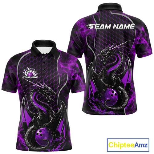 Custom Black And Purple Fire Flame Dragon Bowling Men Polo Shirt, Dragon Bowling Jersey IPHW9865