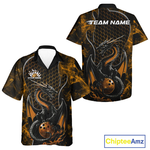 Custom Black And Gold Fire Flame Dragon Bowling Men And Women Hawaiian Shirt, Dragon Bowling Jersey IPHW9866