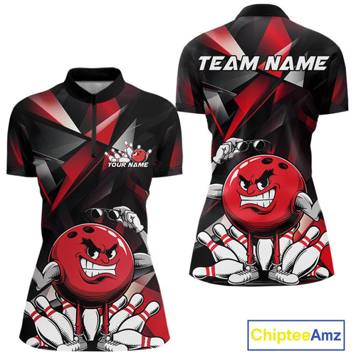Black And Red Custom Funny Bowling Team Quarter-Zip Shirts For Women, Bowling Jerseys IPHW9356
