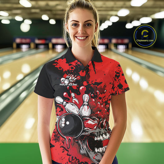 Custom Black And Red Splatter Skull Bowling Women Polo Shirt, Halloween Bowler Outfit IPHW9725