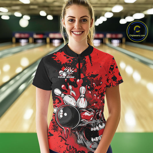 Custom Black And Red Splatter Skull Bowling Women Quarter-Zip Shirt, Halloween Bowler IPHW9725