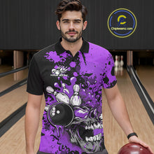 Load image into Gallery viewer, Custom Black And Purple Splatter Skull Bowling Team Men Polo Shirt, Halloween Outfit IPHW9726
