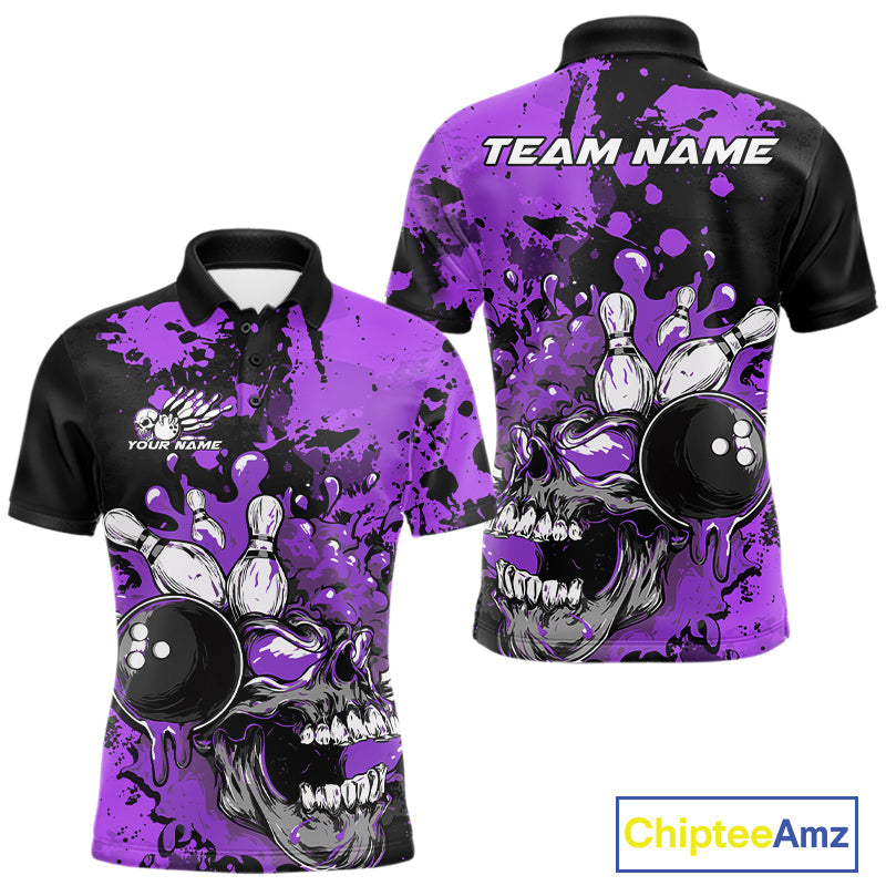 Custom Black And Purple Splatter Skull Bowling Team Men Polo Shirt, Halloween Outfit IPHW9726