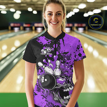Load image into Gallery viewer, Custom Black And Purple Splatter Skull Bowling Women Quarter-Zip Shirt, Halloween Outfit IPHW9726