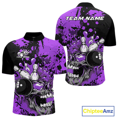 Custom Black And Purple Splatter Skull Bowling Team Men Quarter-Zip Shirt, Halloween Outfit IPHW9726