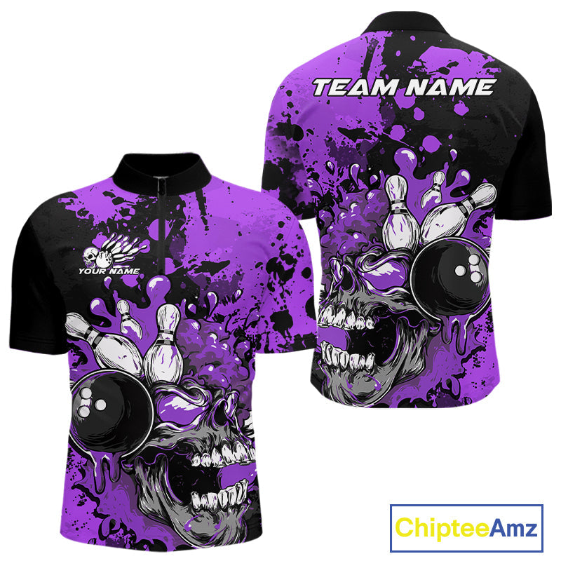 Custom Black And Purple Splatter Skull Bowling Team Men Quarter-Zip Shirt, Halloween Outfit IPHW9726