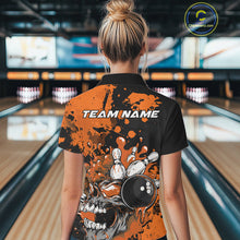 Load image into Gallery viewer, Custom Black And Orange Splatter Skull Bowling Team Women Polo Shirt, Halloween Outfit IPHW9727