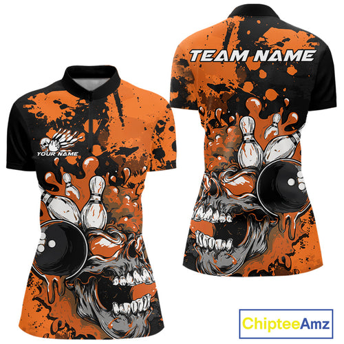 Custom Black And Orange Splatter Skull Bowling Women Quarter-Zip Shirt, Halloween Outfit IPHW9727