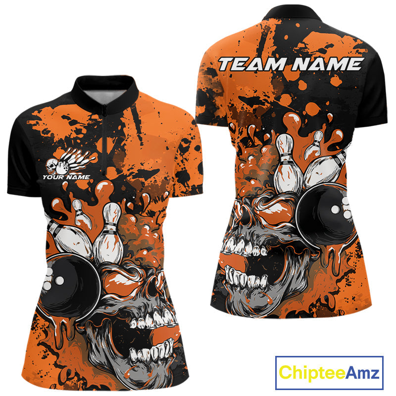 Custom Black And Orange Splatter Skull Bowling Women Quarter-Zip Shirt, Halloween Outfit IPHW9727