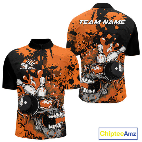 Custom Black And Orange Splatter Skull Bowling Team Men Quarter-Zip Shirt, Halloween Outfit IPHW9727