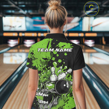 Load image into Gallery viewer, Custom Black And Green Splatter Skull Bowling Team Women Polo Shirt, Halloween Outfit IPHW9728