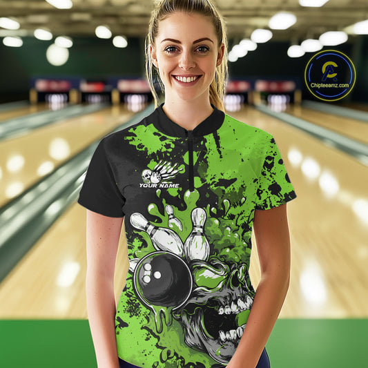 Custom Black And Green Splatter Skull Bowling Women Quarter-Zip Shirt, Halloween Outfit IPHW9728