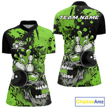 Load image into Gallery viewer, Custom Black And Green Splatter Skull Bowling Women Quarter-Zip Shirt, Halloween Outfit IPHW9728