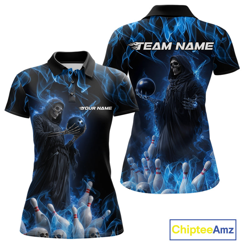 Custom Blue Flame Grim Reaper Bowling Polo Shirts For Women, Halloween Bowling Outfit IPHW9729