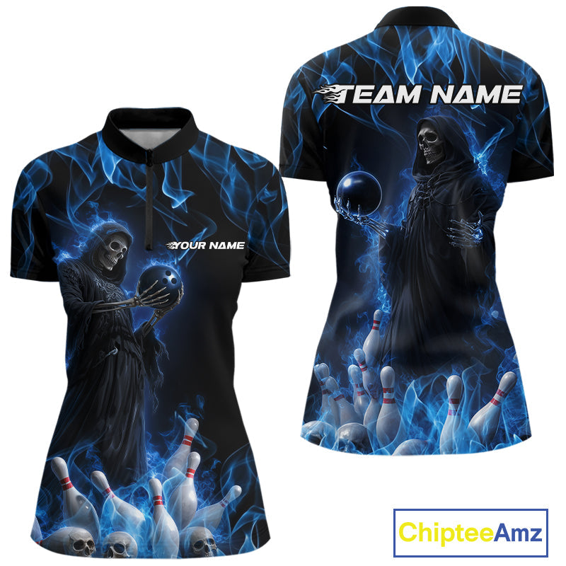 Custom Blue Flame Grim Reaper Bowling Women Quarter-Zip Shirts, Halloween Bowling Outfit IPHW9729