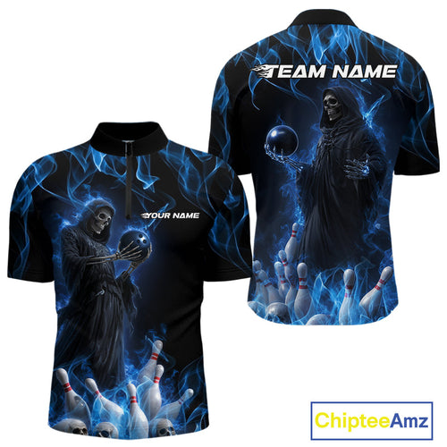 Custom Blue Flame Grim Reaper Bowling Quarter-Zip Shirts For Men, Halloween Bowling Outfit IPHW9729