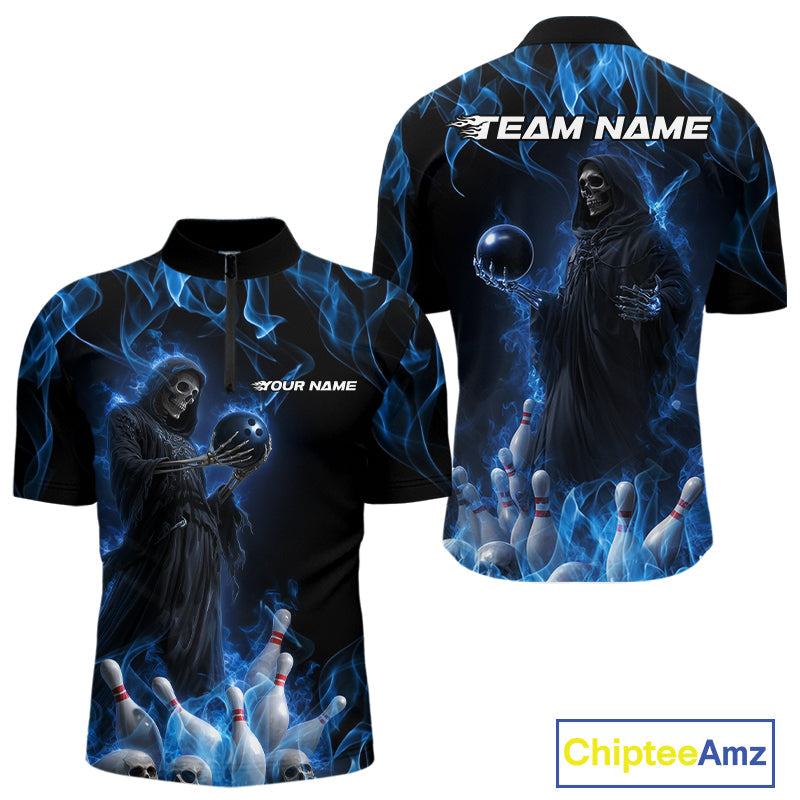 Custom Blue Flame Grim Reaper Bowling Quarter-Zip Shirts For Men, Halloween Bowling Outfit IPHW9729