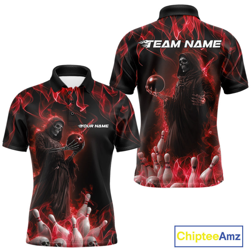 Custom Red Flame Grim Reaper Bowling Polo Shirts For Men, Halloween Bowling Outfit IPHW9730