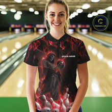 Load image into Gallery viewer, Custom Red Flame Grim Reaper Bowling Women Quarter-Zip Shirts, Halloween Bowling Outfit IPHW9730