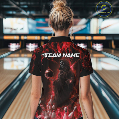 Custom Red Flame Grim Reaper Bowling Women Quarter-Zip Shirts, Halloween Bowling Outfit IPHW9730