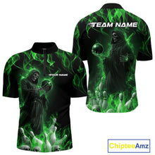 Load image into Gallery viewer, Custom Green Flame Grim Reaper Bowling Quarter-Zip Shirts For Men, Halloween Bowling Outfit IPHW9731