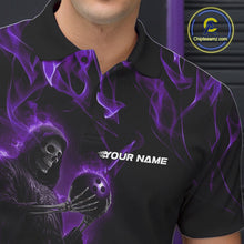 Load image into Gallery viewer, Custom Purple Flame Grim Reaper Bowling Polo Shirts For Men, Halloween Bowling Outfit IPHW9732