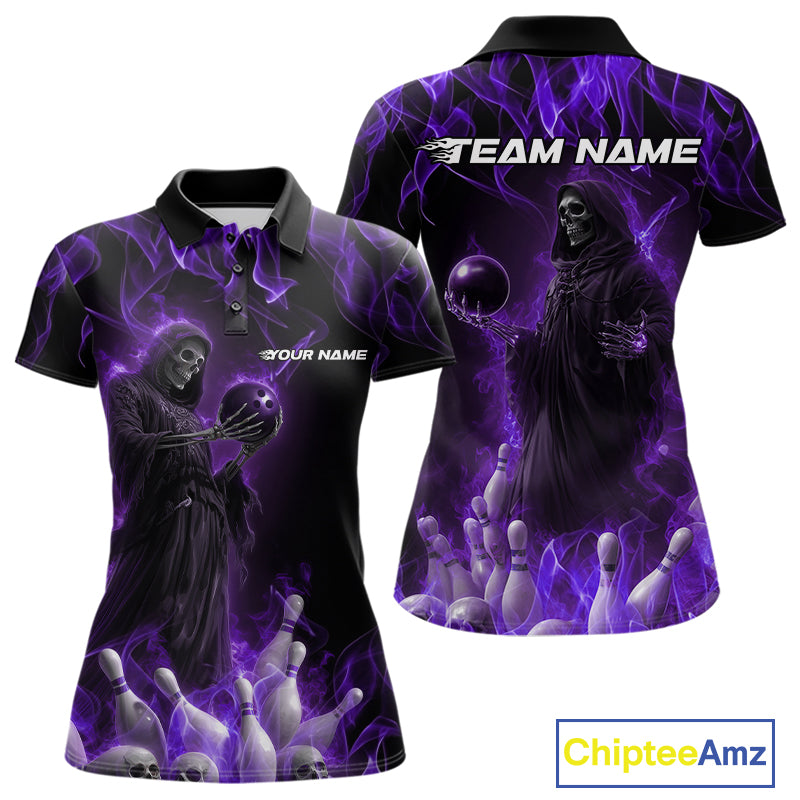 Custom Purple Flame Grim Reaper Bowling Polo Shirts For Women, Halloween Bowling Outfit IPHW9732