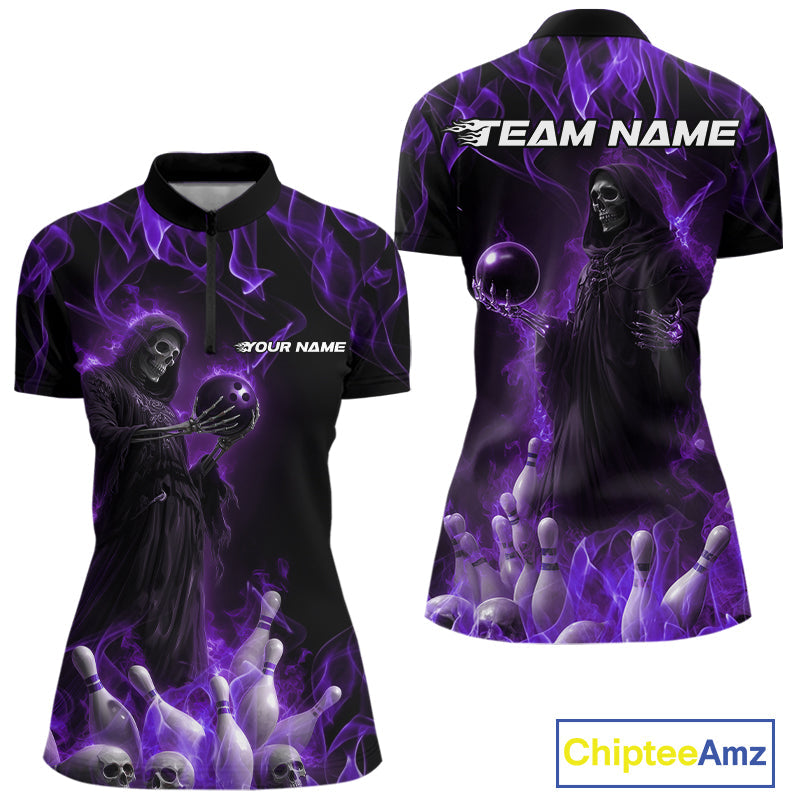 Custom Purple Flame Grim Reaper Bowling Women Quarter-Zip Shirt, Halloween Bowling Outfit IPHW9732