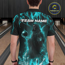 Load image into Gallery viewer, Custom Turquoise Blue Flame Grim Reaper Bowling Men Polo Shirts, Halloween Bowling Outfit IPHW9733