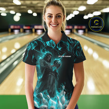 Load image into Gallery viewer, Custom Turquoise Blue Flame Grim Reaper Bowling Women Polo Shirts, Halloween Outfit IPHW9733