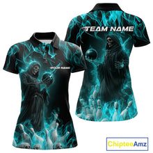 Load image into Gallery viewer, Custom Turquoise Blue Flame Grim Reaper Bowling Women Polo Shirts, Halloween Outfit IPHW9733