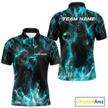 Load image into Gallery viewer, Custom Turquoise Blue Flame Grim Reaper Bowling Men Polo Shirts, Halloween Bowling Outfit IPHW9733
