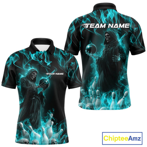 Custom Turquoise Blue Flame Grim Reaper Bowling Men Polo Shirts, Halloween Bowling Outfit IPHW9733