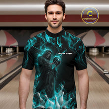 Load image into Gallery viewer, Custom Turquoise Blue Flame Grim Reaper Bowling Men Quarter-Zip Shirts, Halloween Bowling Outfit IPHW9733