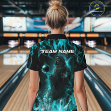 Load image into Gallery viewer, Custom Turquoise Blue Flame Grim Reaper Bowling Women Quarter-Zip Shirt, Halloween Outfit IPHW9733