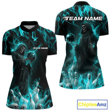 Load image into Gallery viewer, Custom Turquoise Blue Flame Grim Reaper Bowling Women Quarter-Zip Shirt, Halloween Outfit IPHW9733