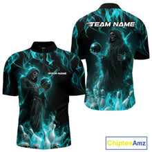 Load image into Gallery viewer, Custom Turquoise Blue Flame Grim Reaper Bowling Men Quarter-Zip Shirts, Halloween Bowling Outfit IPHW9733