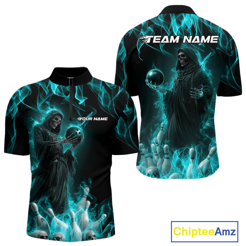 Custom Turquoise Blue Flame Grim Reaper Bowling Men Quarter-Zip Shirts, Halloween Bowling Outfit IPHW9733