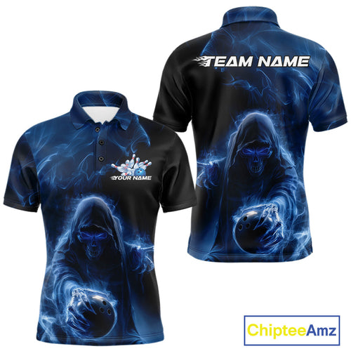 Custom Black And Blue Smoke Flame Grim Reaper Halloween Bowling Men Polo Shirts IPHW9739