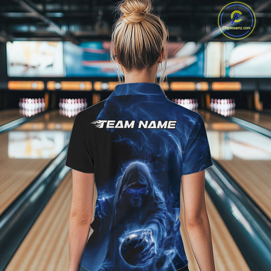 Custom Black And Blue Smoke Flame Grim Reaper Halloween Bowling Women Quarter-Zip Shirts IPHW9739