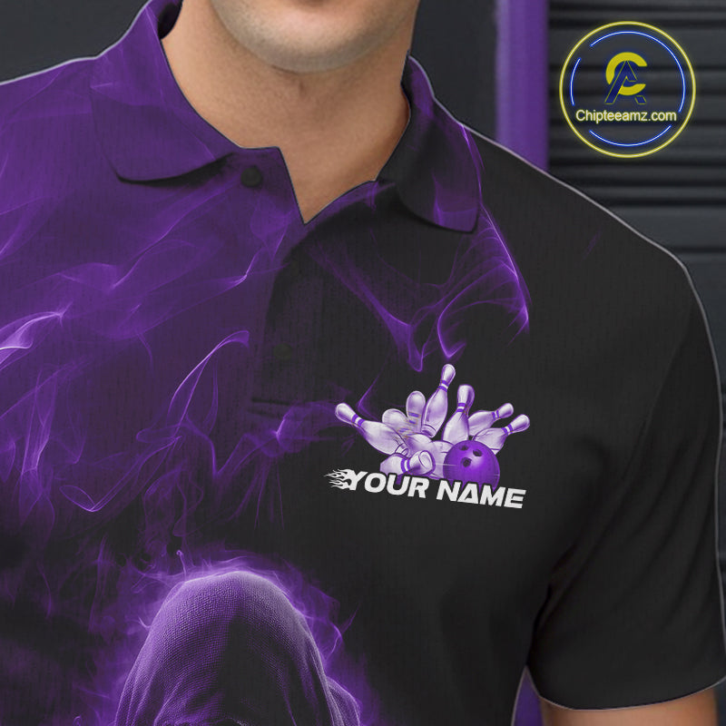 Custom Black And Purple Smoke Flame Grim Reaper Halloween Bowling Men Polo Shirts IPHW9740