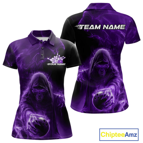 Custom Black And Purple Smoke Flame Grim Reaper Halloween Bowling Women Polo Shirts IPHW9740
